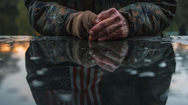 Photo an elderly veteran standing before a war memorial a folded american flag clutched in their weathered hands reflecting in the polished surface of the monument