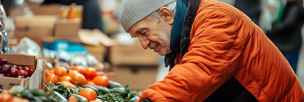 Photo elderly volunteer assisting at food bank