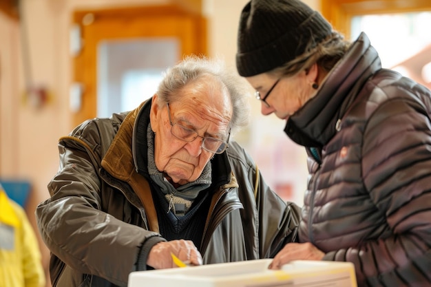 Photo elderly voter assisted at polling station highlighting community support in elections