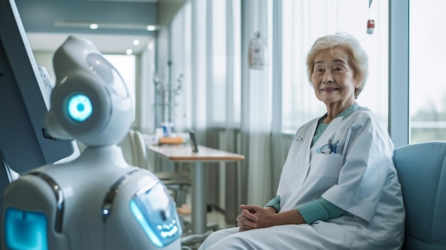 Photo elderly woman under the care of a robot the intelligent hospital's generative ai