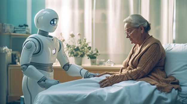 Photo elderly woman under the care of a robot the intelligent hospital's generative ai