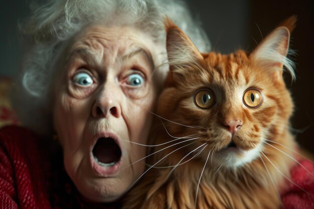 Elderly woman and a cat with surprised faces