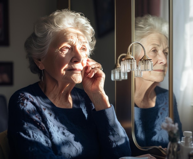 Elderly woman contemplating her reflection in a mirror deep in thought