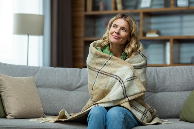 An elderly woman covered with a blanket sits dreamily at home on the sofa and rests