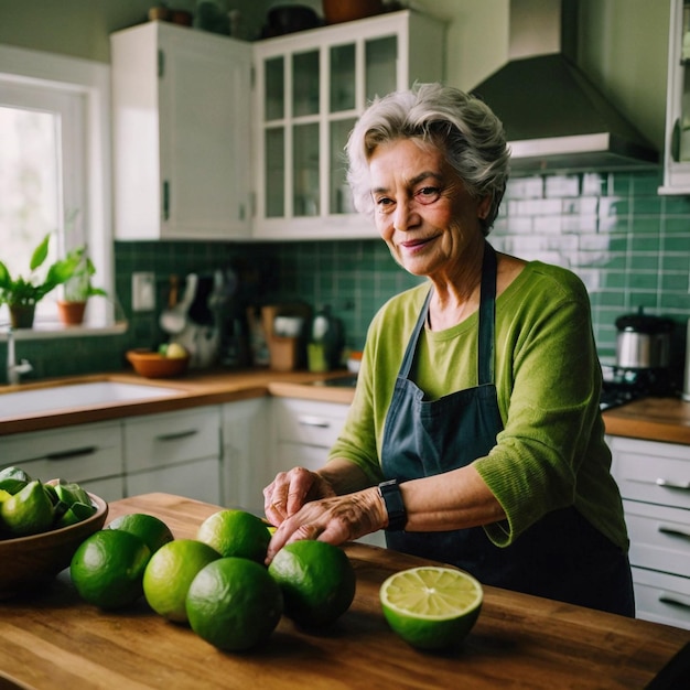 an elderly woman cutting fruit with a green lime ai generated