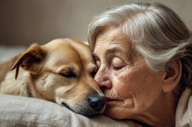 Elderly Woman and Dog in a Loving Sleep Embrace