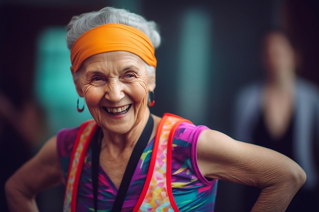 Elderly woman doing sports in the gym wearing colorful tracksuit