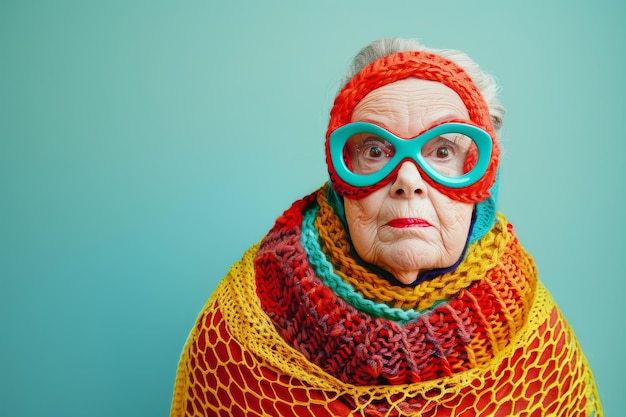 An elderly woman dons colorful knitwear and quirky glasses against a solid turquoise backdrop exuding confidence and character