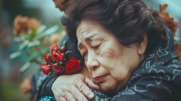 Elderly woman embracing loved one with flowers