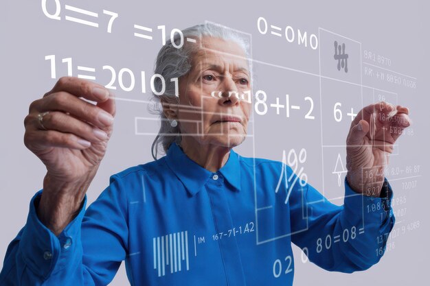 Elderly Woman Engaging Digital Data Blue Shirt Lifelong Learning Technology Seniors