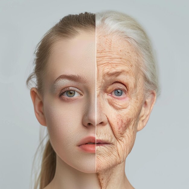 Photo elderly woman face wrinkles before and after treatment collage