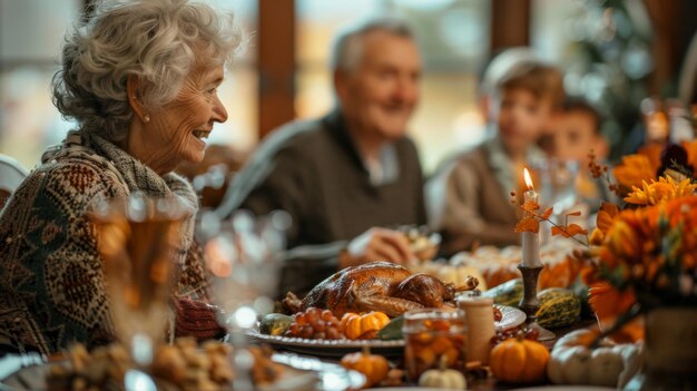 Photo elderly woman and family gathered around a table enjoying a traditional thanksgiving dinner with turkey and decorations