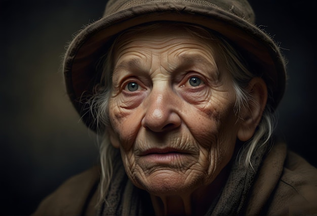 an elderly woman in a hat that says old man on grayish background