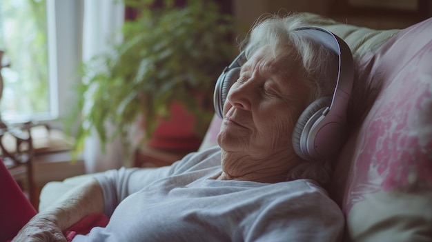 Elderly woman in headphones on couch