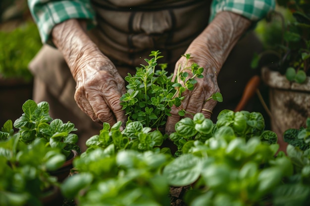 an elderly woman holds a bunch of parsley in her hands