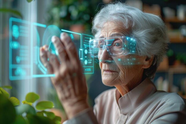 Elderly Woman Interacting with Futuristic Touchscreen Technology in a HighTech Environment