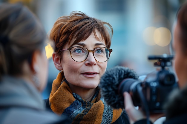 An elderly woman is being interviewed by a television reporter in the city