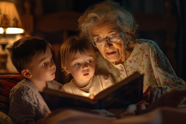 Photo an elderly woman is engaged in reading a book to two children sitting closely together a grandmother reading a bedtime story to her grandchildren