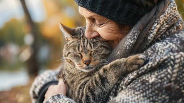 An elderly woman is hugging a cat outdoors The cat has its eyes closed and looks content The woman is smiling and has a peaceful expression on her face