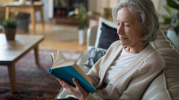 Photo an elderly woman is reading a book with a blue book