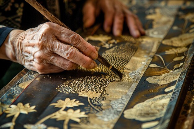 an elderly woman is working on a piece of fabric with a brush