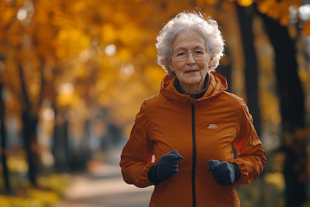 Photo elderly woman jogging in morning