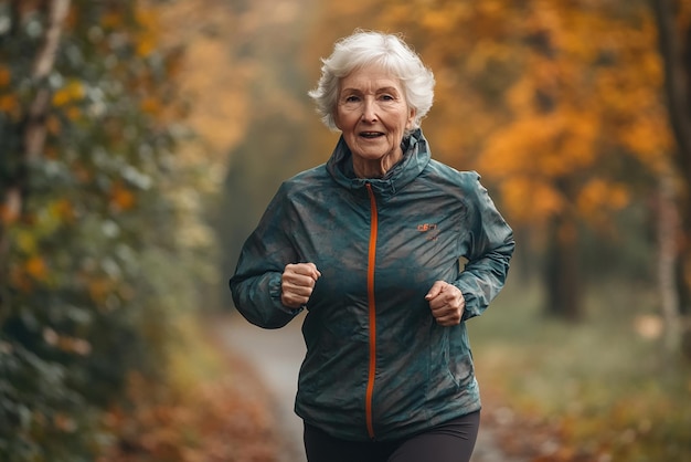 Photo elderly woman jogging in morning