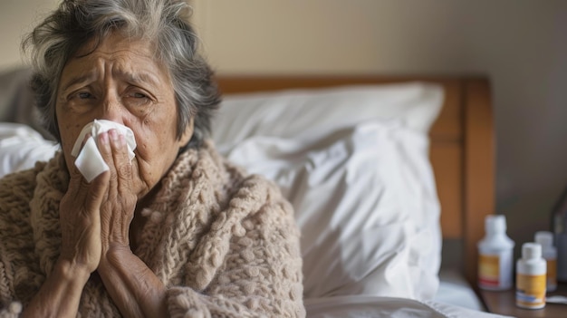 Photo an elderly woman in a knitted shawl blowing her nose into a tissue while sitting in bed with medicine bottles on the nightstand