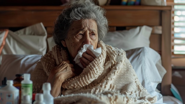 Photo an elderly woman in a knitted shawl blowing her nose into a tissue while sitting in bed with medicine bottles on the nightstand