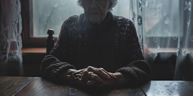 Elderly woman looking out of a misty window embracing quiet moments