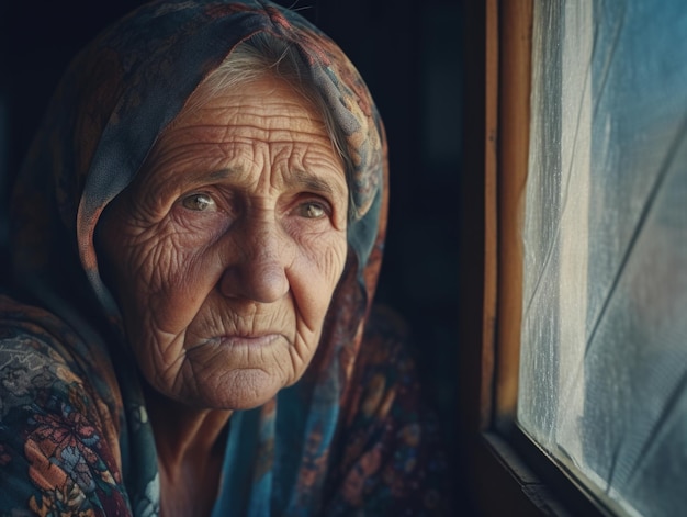 Elderly woman looking out of a window suitable for various concepts