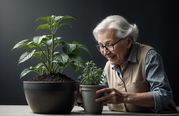 an elderly woman looking at a plant with a pot of green plants