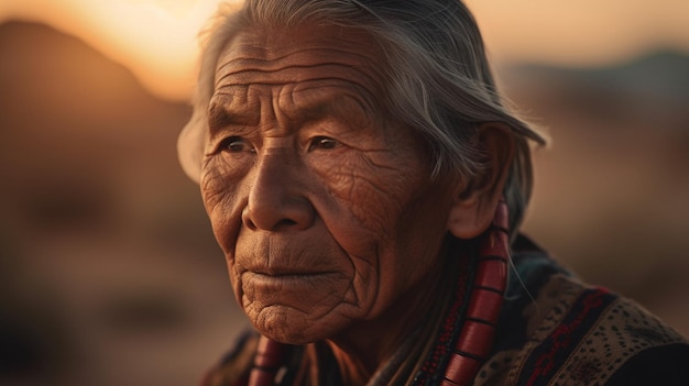 An elderly woman looks out over a sunset.