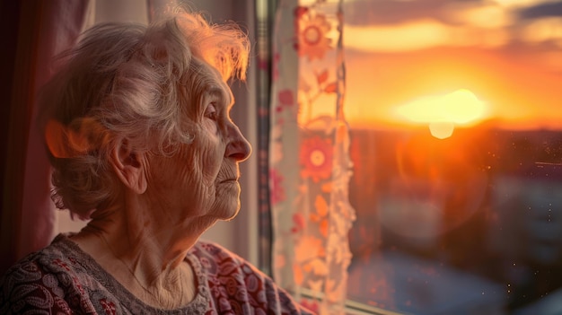 An elderly woman looks out a window at a beautiful sunset Her expression is contemplative suggesting a lifetime of experiences