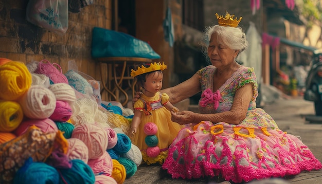 elderly woman making stuffed dolls for sale