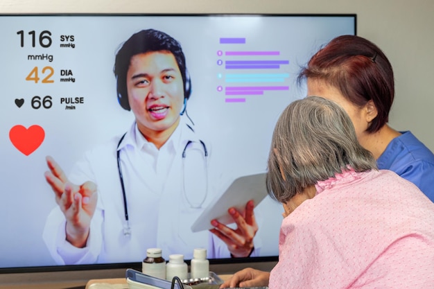 Elderly woman meet online doctor to consultant about health.