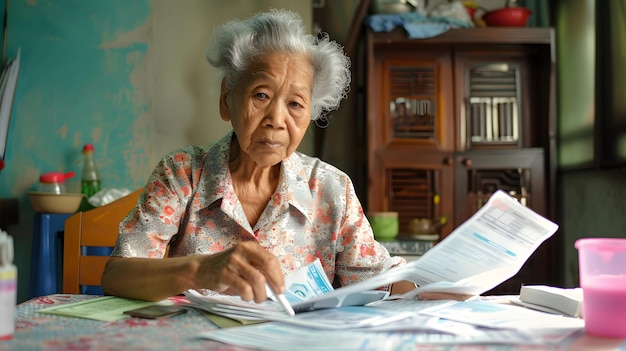 Elderly woman organizing her bills and using a calculator realistic photo commercial photography