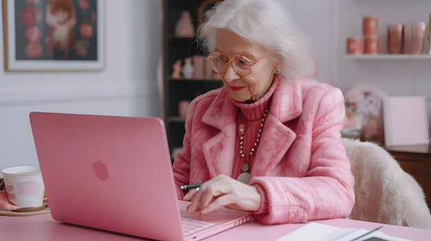 Elderly woman in pink attire working on a laptop with a coffee cup and documents on her desk