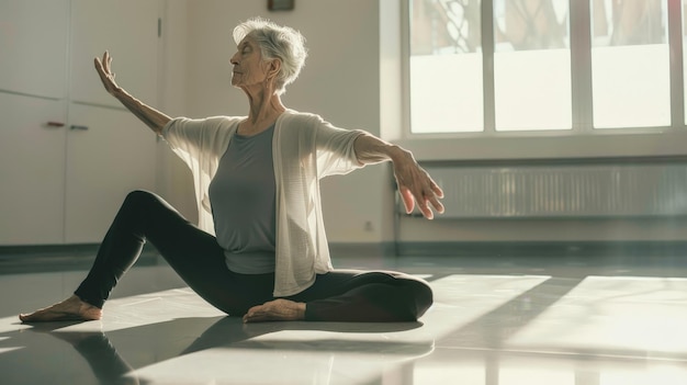 Photo elderly woman practicing yoga poses gently in a spacious fitness studio