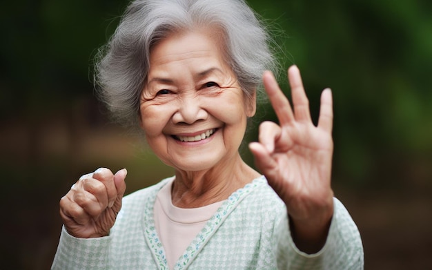 Elderly woman raises her hand to make ok gesture Healthy old man The face has a happy smile