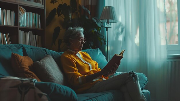 An elderly woman reading a book while lounging on a couch Generative Ai