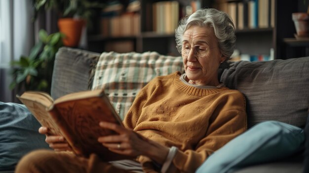 Photo an elderly woman reading a book while lounging on a couch generative ai