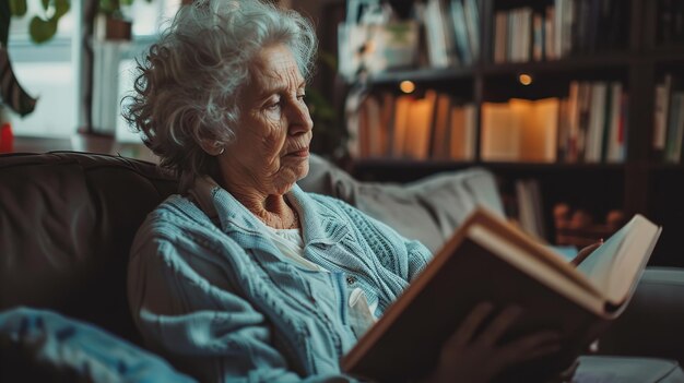 An elderly woman reading a book while lounging on a couch Generative Ai