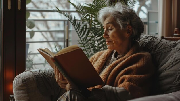 An elderly woman reading a book while lounging on a couch Generative Ai