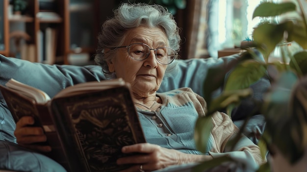 An elderly woman reading a book while lounging on a couch Generative Ai