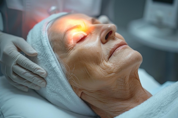 Photo elderly woman receiving facial light therapy treatment for skin rejuvenation in a spa clinic