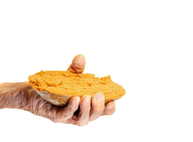 Elderly woman's hand holds out a piece of rye bread on a white background