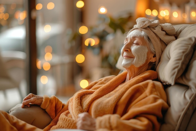 Photo an elderly woman sits comfortably on a soft couch her hair wrapped in a towel she exudes calmness and relaxation possibly after a shower or spa treatment