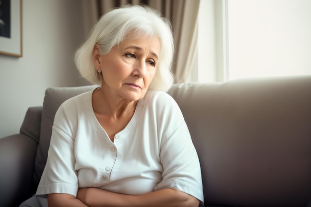 An elderly woman sits on a couch looking out the window.