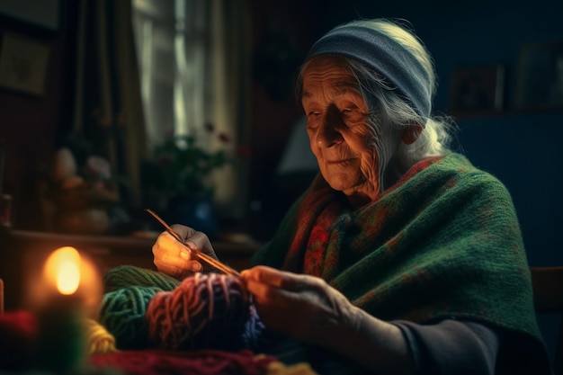 An elderly woman sits in a dark room knitting a woolly ball of yarn